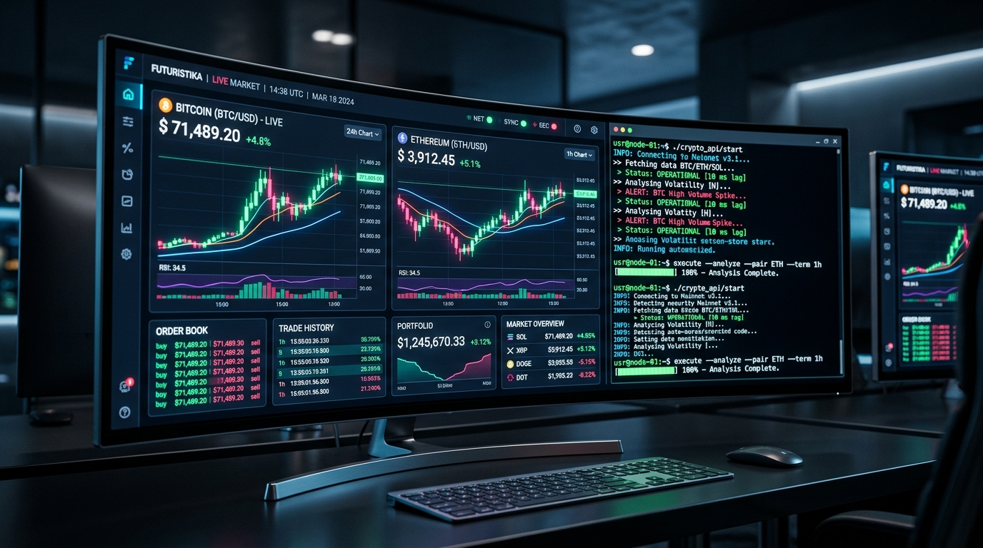 Crypto market terminal dashboard showing live charts and portfolio data
